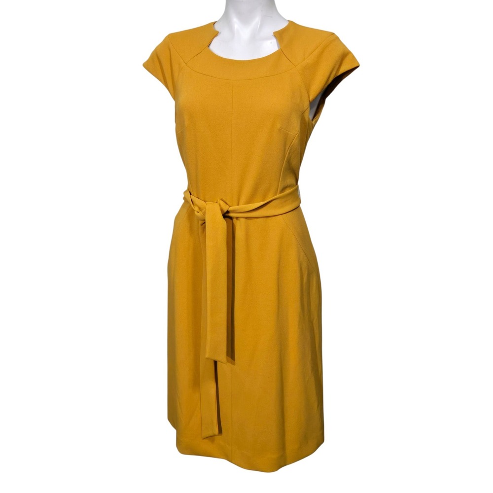 Kasper Dress Med Mustard Yellow Belted Cap Sleeve Sheath  Stretch Church career